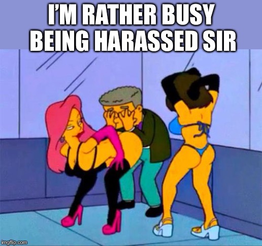 Smithers gay | I’M RATHER BUSY BEING HARASSED SIR | image tagged in smithers gay | made w/ Imgflip meme maker