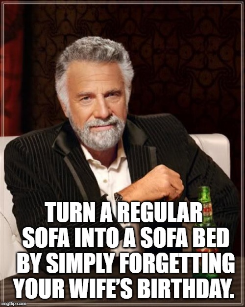 The Most Interesting Man In The World | TURN A REGULAR SOFA INTO A SOFA BED BY SIMPLY FORGETTING YOUR WIFE’S BIRTHDAY. | image tagged in memes,the most interesting man in the world | made w/ Imgflip meme maker