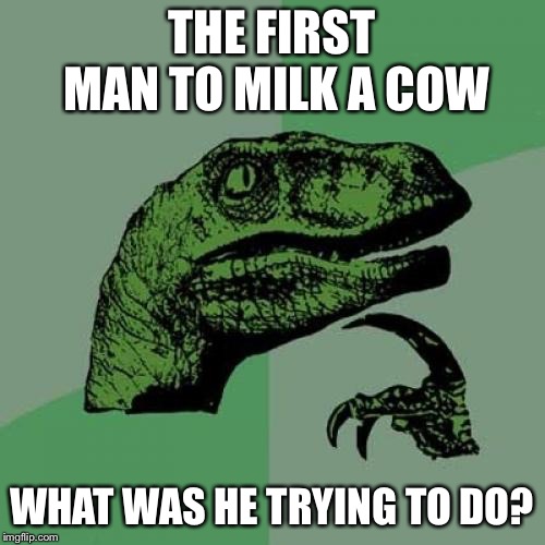 Philosoraptor Meme | THE FIRST MAN TO MILK A COW; WHAT WAS HE TRYING TO DO? | image tagged in memes,philosoraptor | made w/ Imgflip meme maker