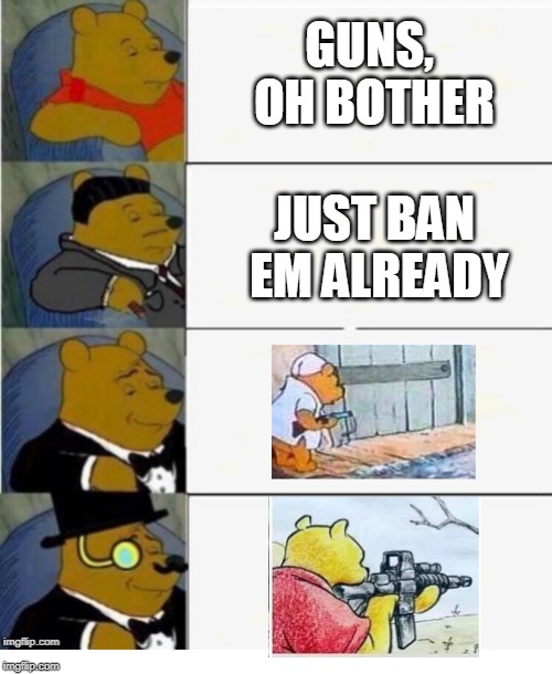 Winnie the Pooh discovers GUNS | GUNS, OH BOTHER; JUST BAN EM ALREADY | image tagged in winnie the pooh panels guns edition,guns,ban | made w/ Imgflip meme maker