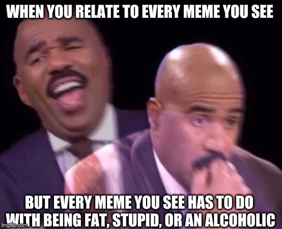 Steve Harvey Laughing Serious | WHEN YOU RELATE TO EVERY MEME YOU SEE; BUT EVERY MEME YOU SEE HAS TO DO WITH BEING FAT, STUPID, OR AN ALCOHOLIC | image tagged in steve harvey laughing serious | made w/ Imgflip meme maker