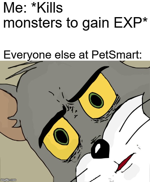 Unsettled Tom Meme | Me: *Kills monsters to gain EXP*; Everyone else at PetSmart: | image tagged in memes,unsettled tom | made w/ Imgflip meme maker