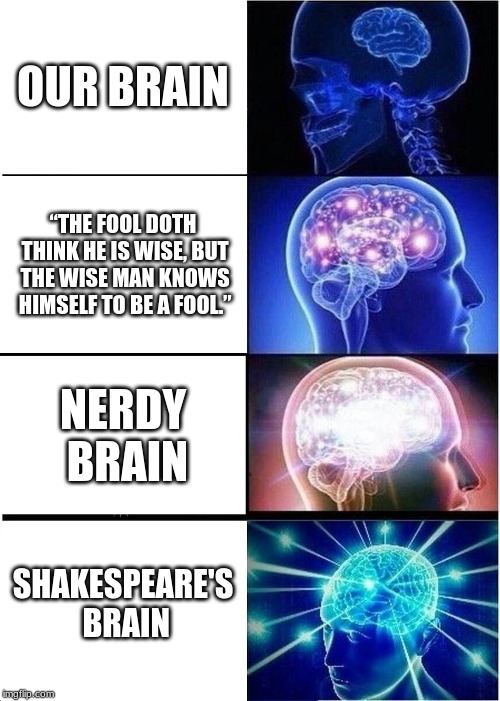 Expanding Brain Meme |  OUR BRAIN; “THE FOOL DOTH THINK HE IS WISE, BUT THE WISE MAN KNOWS HIMSELF TO BE A FOOL.”; NERDY BRAIN; SHAKESPEARE'S BRAIN | image tagged in memes,expanding brain | made w/ Imgflip meme maker