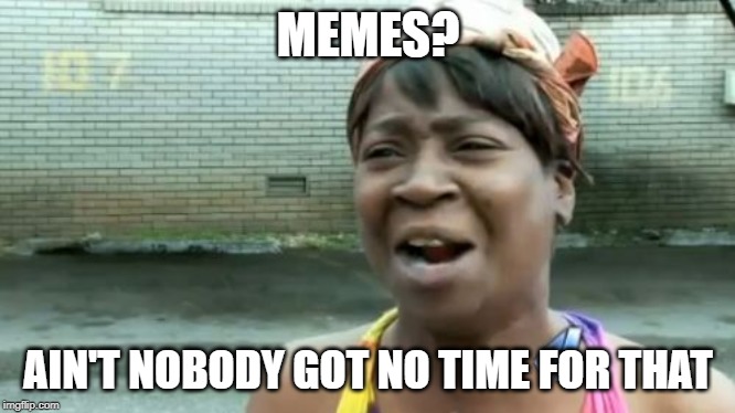 Ain't Nobody Got Time For That | MEMES? AIN'T NOBODY GOT NO TIME FOR THAT | image tagged in memes,aint nobody got time for that | made w/ Imgflip meme maker