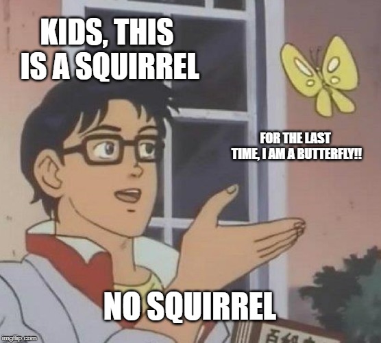 Is This A Pigeon Meme | KIDS, THIS IS A SQUIRREL; FOR THE LAST TIME, I AM A BUTTERFLY!! NO SQUIRREL | image tagged in memes,is this a pigeon | made w/ Imgflip meme maker