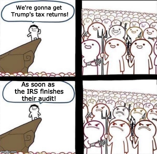 Pitchforks and Torches | We're gonna get Trump's tax returns! As soon as the IRS finishes their audit! | image tagged in blank pitchforks and torches meme,politics,tax returns,trump | made w/ Imgflip meme maker