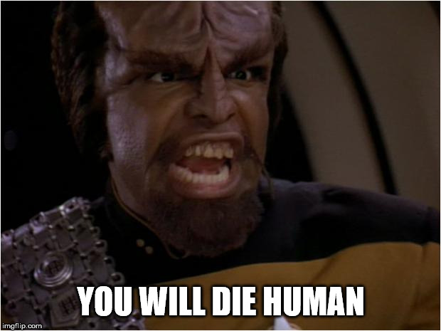 Worf Yelling | YOU WILL DIE HUMAN | image tagged in worf yelling | made w/ Imgflip meme maker