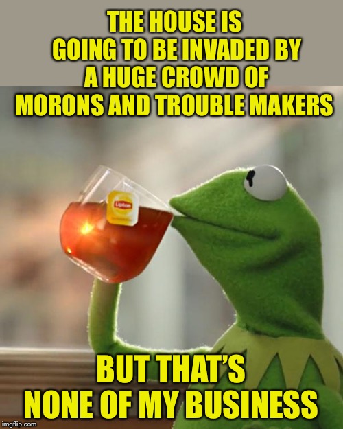 But That's None Of My Business Meme | THE HOUSE IS GOING TO BE INVADED BY A HUGE CROWD OF MORONS AND TROUBLE MAKERS BUT THAT’S NONE OF MY BUSINESS | image tagged in memes,but thats none of my business,kermit the frog | made w/ Imgflip meme maker