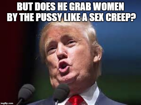 Donald Trumo | BUT DOES HE GRAB WOMEN BY THE PUSSY LIKE A SEX CREEP? | image tagged in donald trumo | made w/ Imgflip meme maker