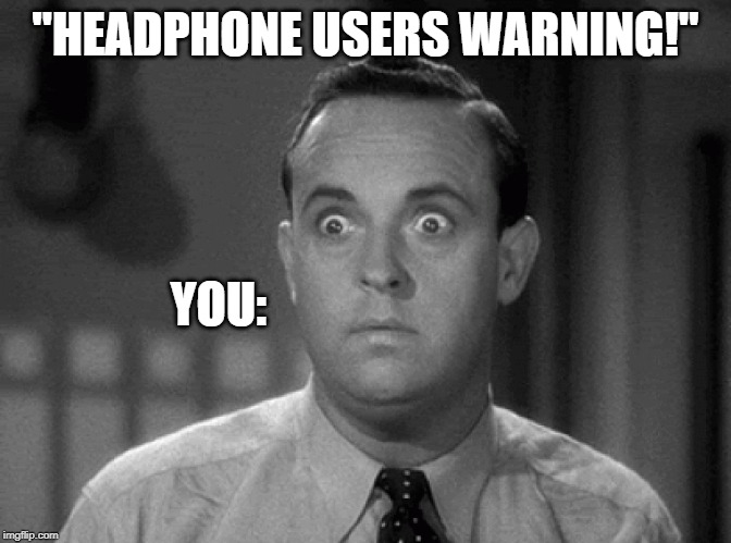 shocked face | "HEADPHONE USERS WARNING!"; YOU: | image tagged in shocked face | made w/ Imgflip meme maker