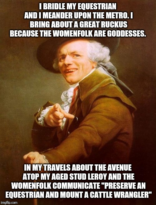 Joseph Ducreux | I BRIDLE MY EQUESTRIAN AND I MEANDER UPON THE METRO. I BRING ABOUT A GREAT RUCKUS BECAUSE THE WOMENFOLK ARE GODDESSES. IN MY TRAVELS ABOUT THE AVENUE ATOP MY AGED STUD LEROY AND THE WOMENFOLK COMMUNICATE "PRESERVE AN EQUESTRIAN AND MOUNT A CATTLE WRANGLER" | image tagged in memes,joseph ducreux | made w/ Imgflip meme maker