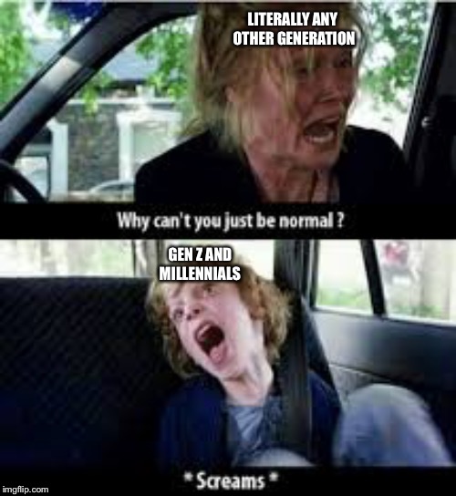 iM sO pROud oF THis ComMuNiTY | LITERALLY ANY OTHER GENERATION; GEN Z AND MILLENNIALS | image tagged in why cant you just be normal,memes,funny,millennials,depression,gay | made w/ Imgflip meme maker