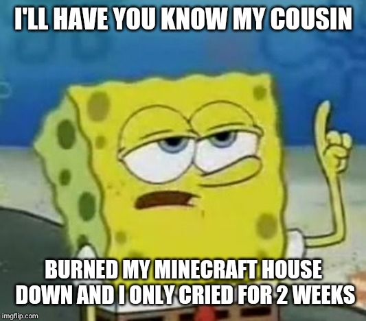 I'll Have You Know Spongebob | I'LL HAVE YOU KNOW MY COUSIN; BURNED MY MINECRAFT HOUSE DOWN AND I ONLY CRIED FOR 2 WEEKS | image tagged in memes,ill have you know spongebob | made w/ Imgflip meme maker
