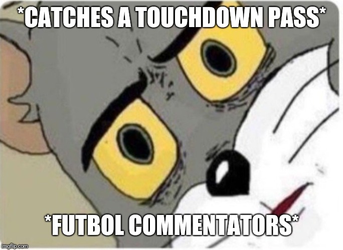 Tom and Jerry meme | *CATCHES A TOUCHDOWN PASS*; *FUTBOL COMMENTATORS* | image tagged in tom and jerry meme | made w/ Imgflip meme maker