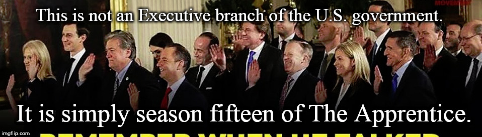 This is not an Executive branch of the U.S. government. It is simply season fifteen of The Apprentice. | image tagged in politics,reality tv,another one bites the dust | made w/ Imgflip meme maker