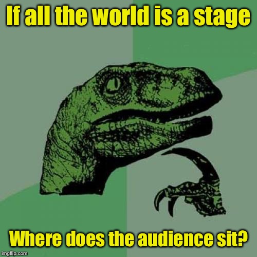 Philosoraptor Meme | If all the world is a stage; Where does the audience sit? | image tagged in memes,philosoraptor | made w/ Imgflip meme maker