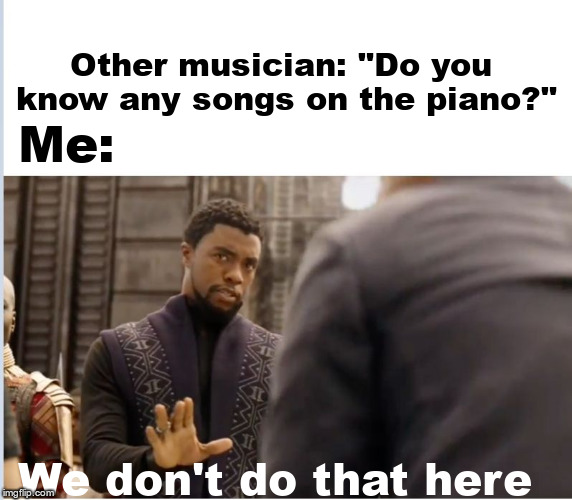 Available by Improvisation Only | Me:; Other musician: "Do you know any songs on the piano?"; We don't do that here | image tagged in we don't do that here,music,piano,instruments,songs,funny | made w/ Imgflip meme maker