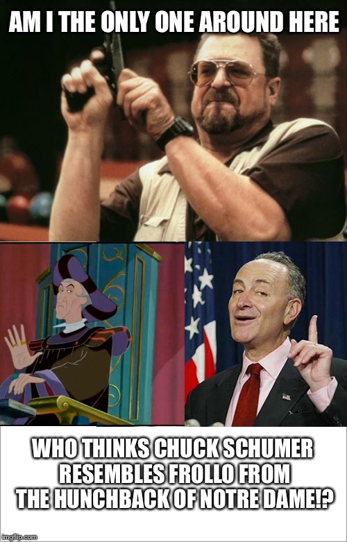 Frollo and Chuck Schumer. It’s the nose. | AM I THE ONLY ONE AROUND HERE; WHO THINKS CHUCK SCHUMER RESEMBLES FROLLO FROM THE HUNCHBACK OF NOTRE DAME!? | image tagged in memes,am i the only one around here,the hunchback of notre dame,disney,chuck schumer,look | made w/ Imgflip meme maker