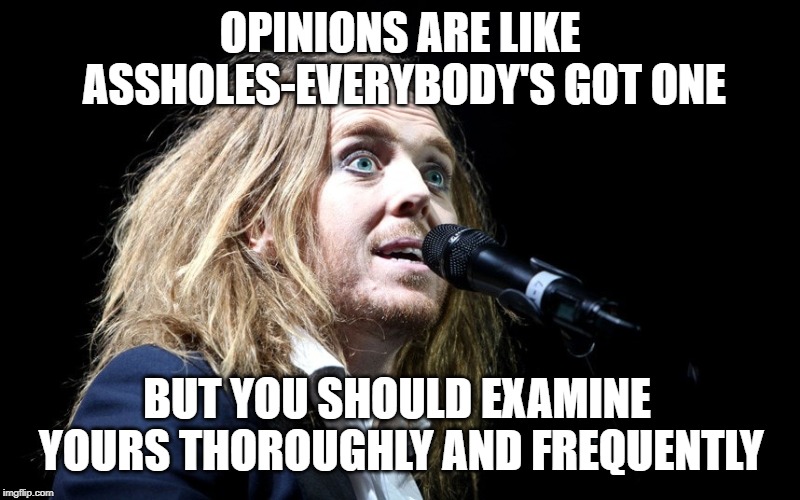 Tim minchin piano | OPINIONS ARE LIKE ASSHOLES-EVERYBODY'S GOT ONE; BUT YOU SHOULD EXAMINE YOURS THOROUGHLY AND FREQUENTLY | image tagged in tim minchin piano | made w/ Imgflip meme maker