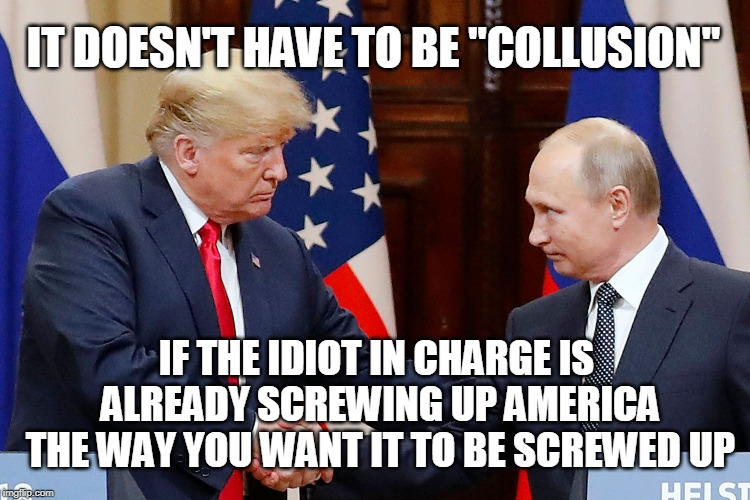 IT DOESN'T HAVE TO BE "COLLUSION"; IF THE IDIOT IN CHARGE IS ALREADY SCREWING UP AMERICA THE WAY YOU WANT IT TO BE SCREWED UP | image tagged in trump,putin | made w/ Imgflip meme maker