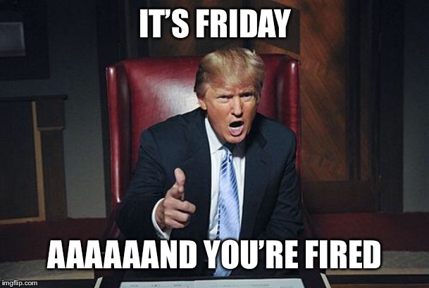 Donald Trump You're Fired | IT’S FRIDAY AAAAAAND YOU’RE FIRED | image tagged in donald trump you're fired | made w/ Imgflip meme maker