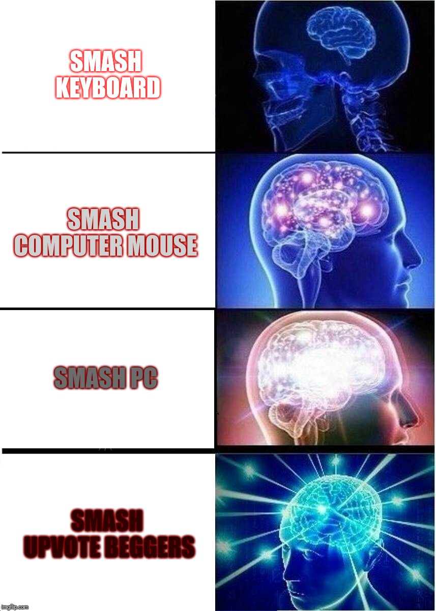 Expanding Brain Meme | SMASH KEYBOARD; SMASH COMPUTER MOUSE; SMASH PC; SMASH UPVOTE BEGGERS | image tagged in memes,expanding brain | made w/ Imgflip meme maker