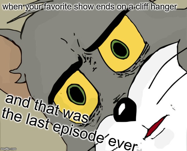 Unsettled Tom | when your favorite show ends on a cliff hanger; and that was the last episode ever | image tagged in memes,unsettled tom | made w/ Imgflip meme maker