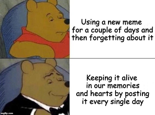 Tuxedo Winnie The Pooh Meme | Using a new meme for a couple of days and then forgetting about it; Keeping it alive in our memories and hearts by posting it every single day | image tagged in tuxedo winnie the pooh,memes | made w/ Imgflip meme maker