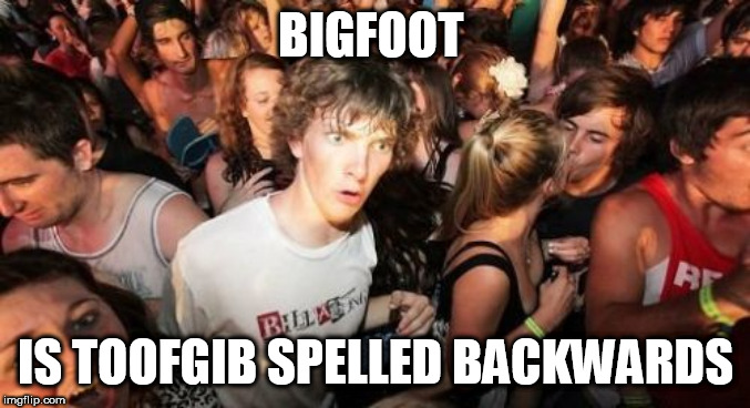 Sudden Clarity Clarence Meme | BIGFOOT; IS TOOFGIB SPELLED BACKWARDS | image tagged in memes,sudden clarity clarence | made w/ Imgflip meme maker