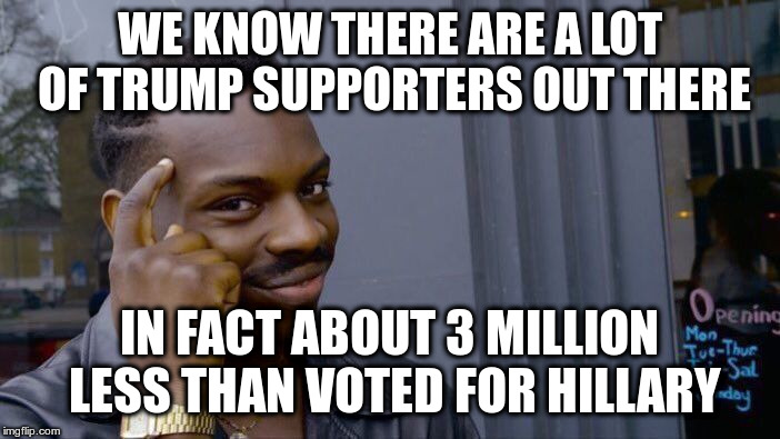 Roll Safe Think About It Meme | WE KNOW THERE ARE A LOT OF TRUMP SUPPORTERS OUT THERE IN FACT ABOUT 3 MILLION LESS THAN VOTED FOR HILLARY | image tagged in memes,roll safe think about it | made w/ Imgflip meme maker