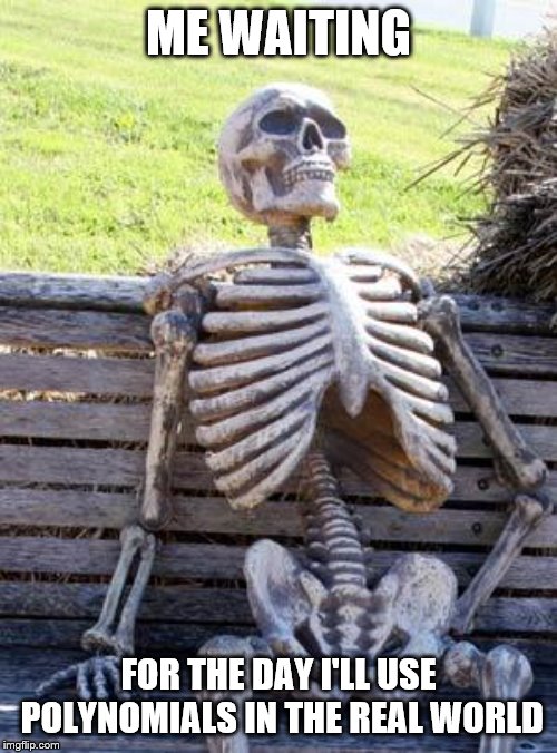 Waiting Skeleton | ME WAITING; FOR THE DAY I'LL USE POLYNOMIALS IN THE REAL WORLD | image tagged in memes,waiting skeleton | made w/ Imgflip meme maker