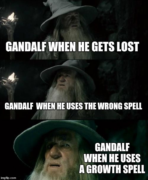 Confused Gandalf | GANDALF WHEN HE GETS LOST; GANDALF  WHEN HE USES THE WRONG SPELL; GANDALF WHEN HE USES A GROWTH SPELL | image tagged in memes,confused gandalf | made w/ Imgflip meme maker