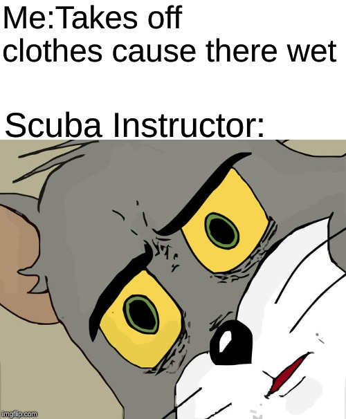 Unsettled Tom Meme | Me:Takes off clothes cause there wet; Scuba Instructor: | image tagged in memes,unsettled tom | made w/ Imgflip meme maker