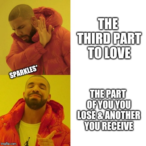 Drake Blank | THE THIRD PART TO LOVE; SPARKLES*; THE PART OF YOU YOU LOSE & ANOTHER YOU RECEIVE | image tagged in drake blank | made w/ Imgflip meme maker