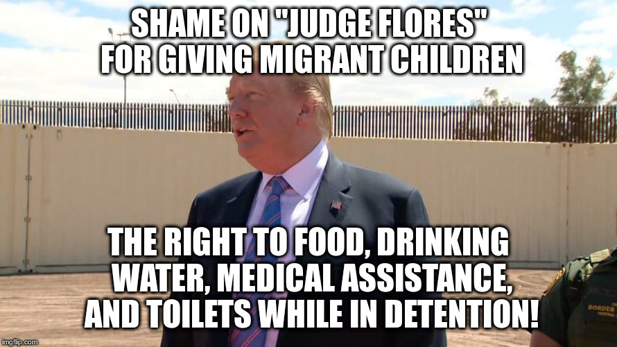 What a disaster for our country! | SHAME ON "JUDGE FLORES" FOR GIVING MIGRANT CHILDREN; THE RIGHT TO FOOD, DRINKING WATER, MEDICAL ASSISTANCE, AND TOILETS WHILE IN DETENTION! | image tagged in trump,humor,judge flores,immigrant children,human rights | made w/ Imgflip meme maker