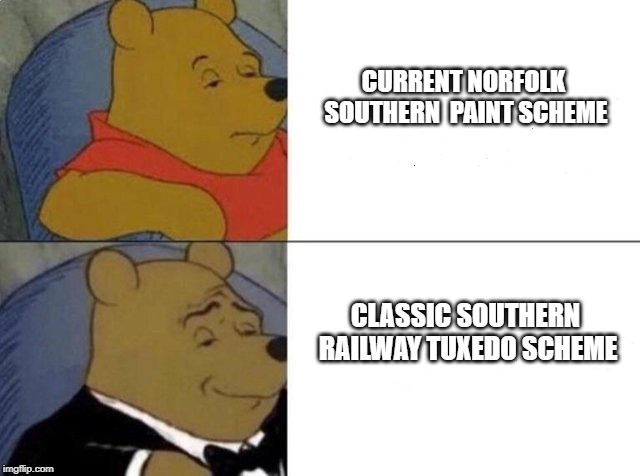 A Matter Of Opinion | CURRENT NORFOLK SOUTHERN 
PAINT SCHEME; CLASSIC SOUTHERN RAILWAY TUXEDO SCHEME | image tagged in tuxedo winnie the pooh,southern railway,tuxedo paint,norfolk southern,railroad | made w/ Imgflip meme maker