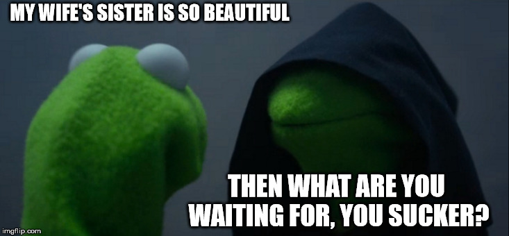 Evil Kermit Meme | MY WIFE'S SISTER IS SO BEAUTIFUL; THEN WHAT ARE YOU WAITING FOR, YOU SUCKER? | image tagged in memes,evil kermit | made w/ Imgflip meme maker