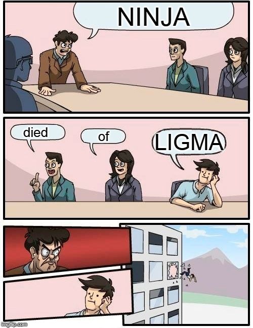 Boardroom Meeting Suggestion Meme | NINJA; died; of; LIGMA | image tagged in memes,boardroom meeting suggestion | made w/ Imgflip meme maker
