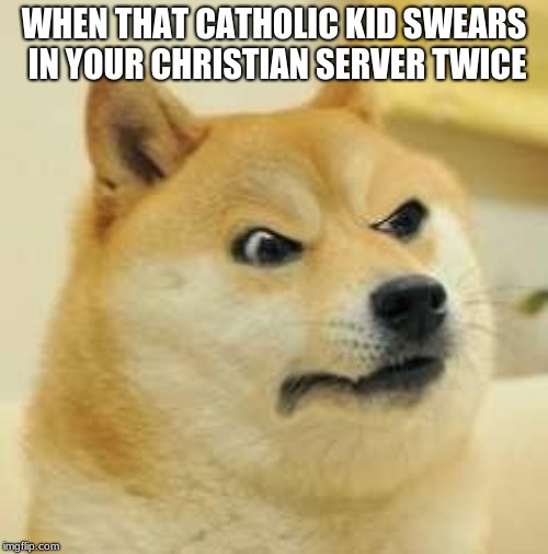 angry doge | WHEN THAT CATHOLIC KID SWEARS IN YOUR CHRISTIAN SERVER TWICE | image tagged in angry doge | made w/ Imgflip meme maker