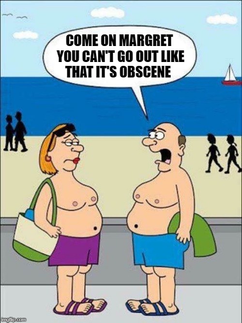 put your shirt on! | COME ON MARGRET YOU CAN'T GO OUT LIKE THAT IT'S OBSCENE | image tagged in beach,shirtless | made w/ Imgflip meme maker