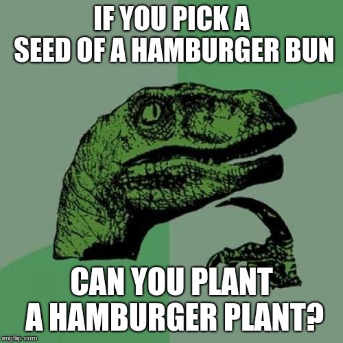 Philosoraptor Meme | IF YOU PICK A SEED OF A HAMBURGER BUN; CAN YOU PLANT A HAMBURGER PLANT? | image tagged in memes,philosoraptor | made w/ Imgflip meme maker