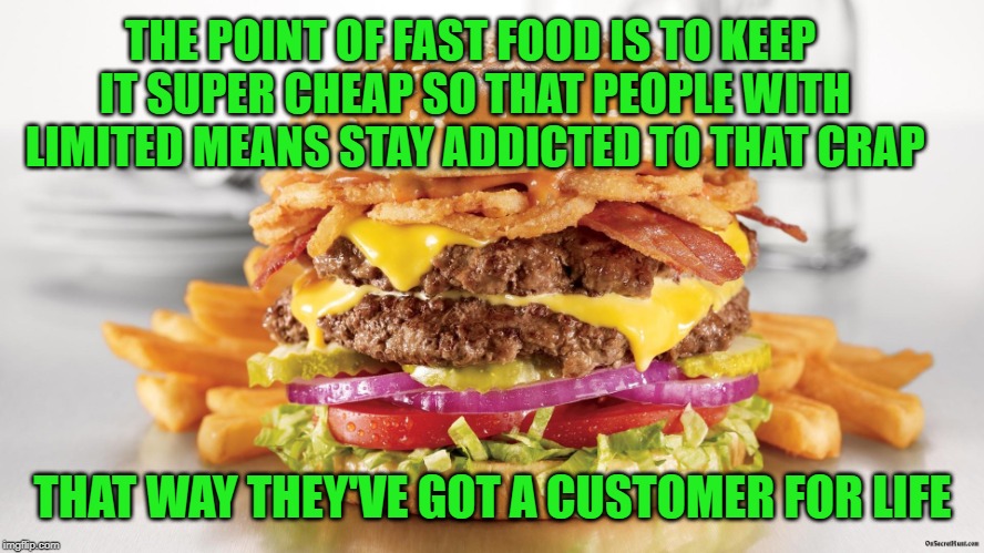 If Your Health Isn't Worth A Few Dollars More...What Is? | THE POINT OF FAST FOOD IS TO KEEP IT SUPER CHEAP SO THAT PEOPLE WITH LIMITED MEANS STAY ADDICTED TO THAT CRAP; THAT WAY THEY'VE GOT A CUSTOMER FOR LIFE | image tagged in burger  fries,fast food,addiction,memes | made w/ Imgflip meme maker