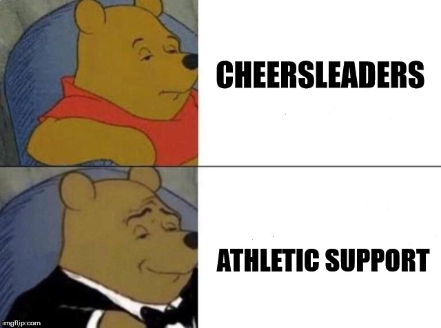 Winnie | CHEERSLEADERS; ATHLETIC SUPPORT | image tagged in tuxedo winnie the pooh | made w/ Imgflip meme maker