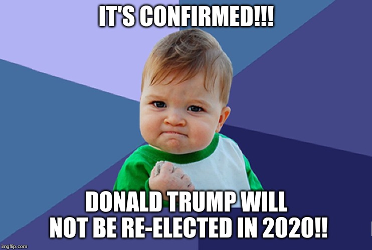 succes baby | IT'S CONFIRMED!!! DONALD TRUMP WILL NOT BE RE-ELECTED IN 2020!! | image tagged in succes baby | made w/ Imgflip meme maker