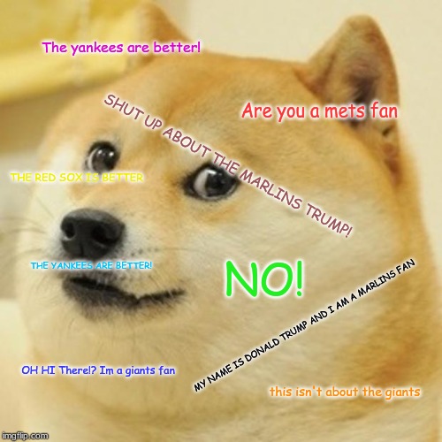 Doge | The yankees are better! Are you a mets fan; SHUT UP ABOUT THE MARLINS TRUMP! THE RED SOX IS BETTER; THE YANKEES ARE BETTER! NO! MY NAME IS DONALD TRUMP AND I AM A MARLINS FAN; OH HI There!? Im a giants fan; this isn't about the giants | image tagged in memes,doge | made w/ Imgflip meme maker