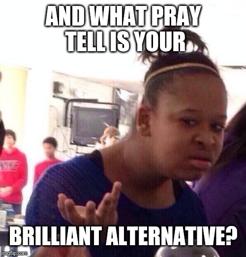 Black Girl Wat Meme | AND WHAT PRAY TELL IS YOUR BRILLIANT ALTERNATIVE? | image tagged in memes,black girl wat | made w/ Imgflip meme maker