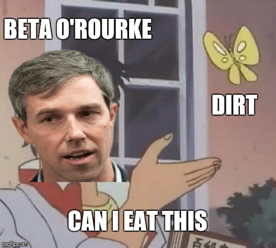 Beto Eat Dirt | BETA O'ROURKE; DIRT; CAN I EAT THIS | image tagged in memes,is this a pigeon,beto,beta,eating,dirt | made w/ Imgflip meme maker