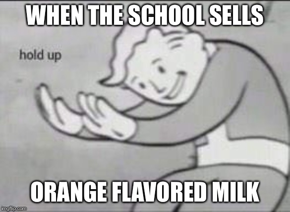 Fallout Hold Up | WHEN THE SCHOOL SELLS; ORANGE FLAVORED MILK | image tagged in fallout hold up | made w/ Imgflip meme maker