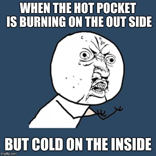 Y U No | WHEN THE HOT POCKET IS BURNING ON THE OUT SIDE; BUT COLD ON THE INSIDE | image tagged in memes,y u no | made w/ Imgflip meme maker