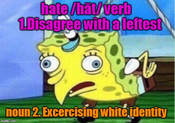 Mocking Spongebob | hate
/hāt/
verb  
1.Disagree with a leftest; noun
2. Excercising white identity | image tagged in memes,mocking spongebob | made w/ Imgflip meme maker